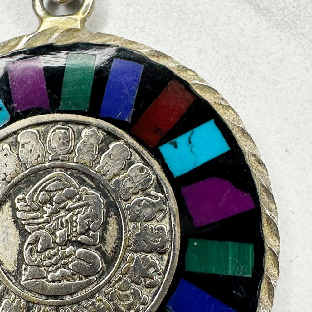 Vintage Mexico Silver Tone Reversible Mayan Calendar Inlay Pendant ✨ - Picture 12 of 13